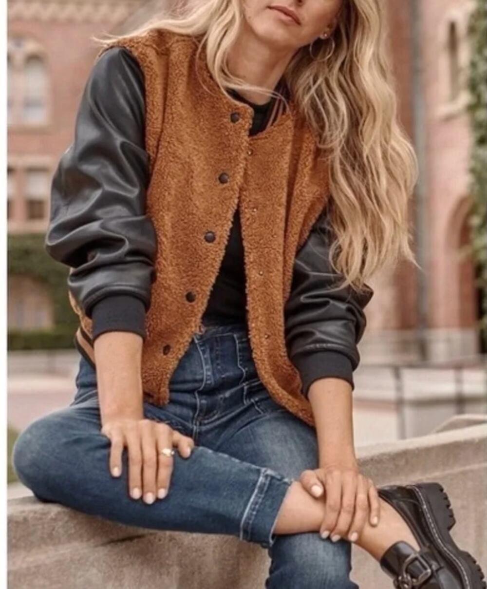 Blank NYC Sherpa Varsity Bomber Jacket Black Brown Cinnamon Spice Small
